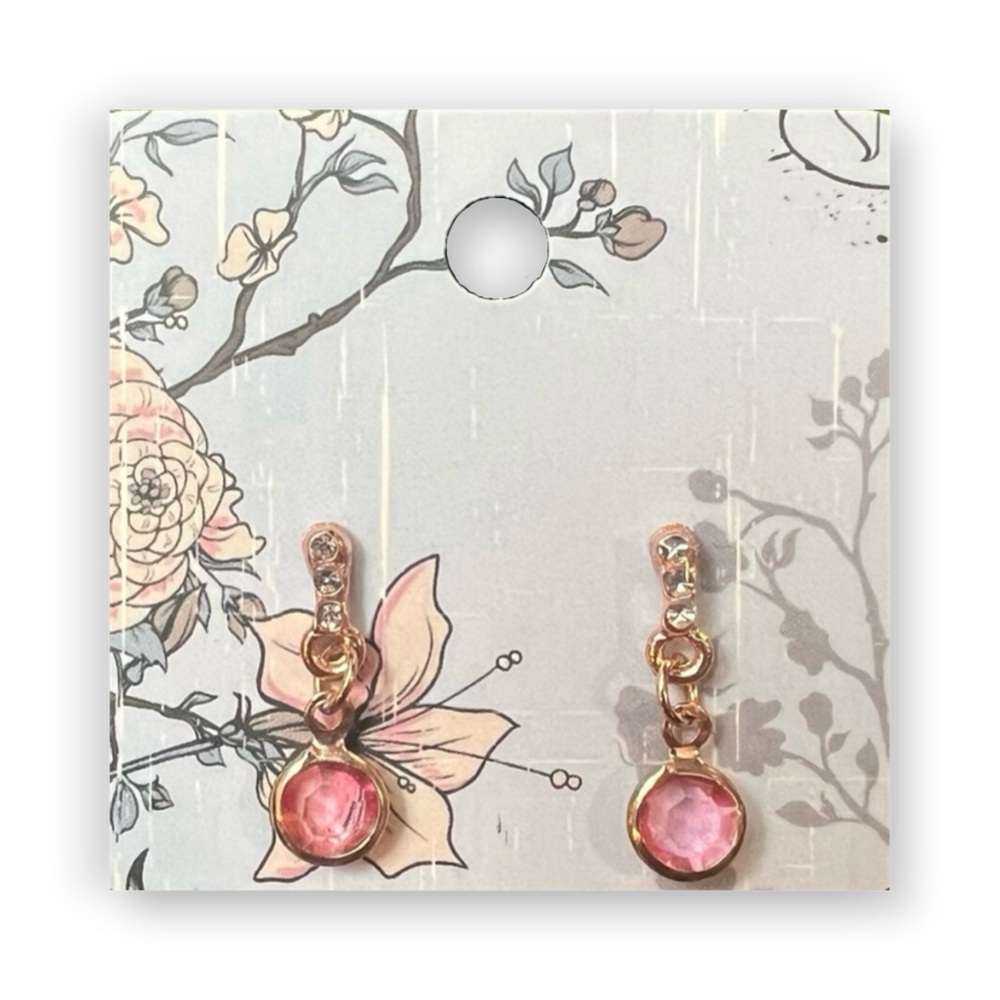 New Pink Crystal Gem Golden Chain Gold Plated Push Back Dangle Earrings